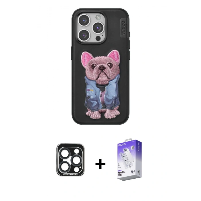 MARSİLYAN™- iPhone 15 Pro Max Kılıf İz Minimal Koleksiyonu - Siyah Bilvis 5in1 3D Magic Cam Ekran Koruyucu + PVD Metal Kamera Lens - LT