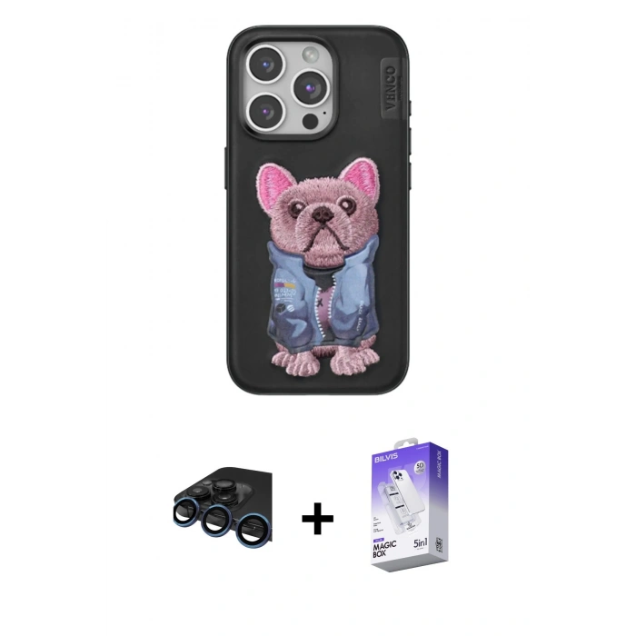 MARSİLYAN™- iPhone 15 Pro Max Kılıf İz Minimal Koleksiyonu - Siyah Bilvis 5in1 3D Magic Cam Ekran Koruyucu + Raze Metal Kamera Lens - LT