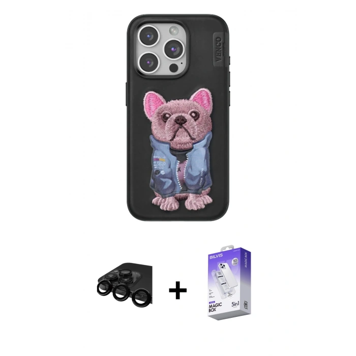 MARSİLYAN™- iPhone 15 Pro Max Kılıf İz Minimal Koleksiyonu - Siyah Bilvis 5in1 3D Magic Cam Ekran Koruyucu + Raze Metal Kamera Lens - SH