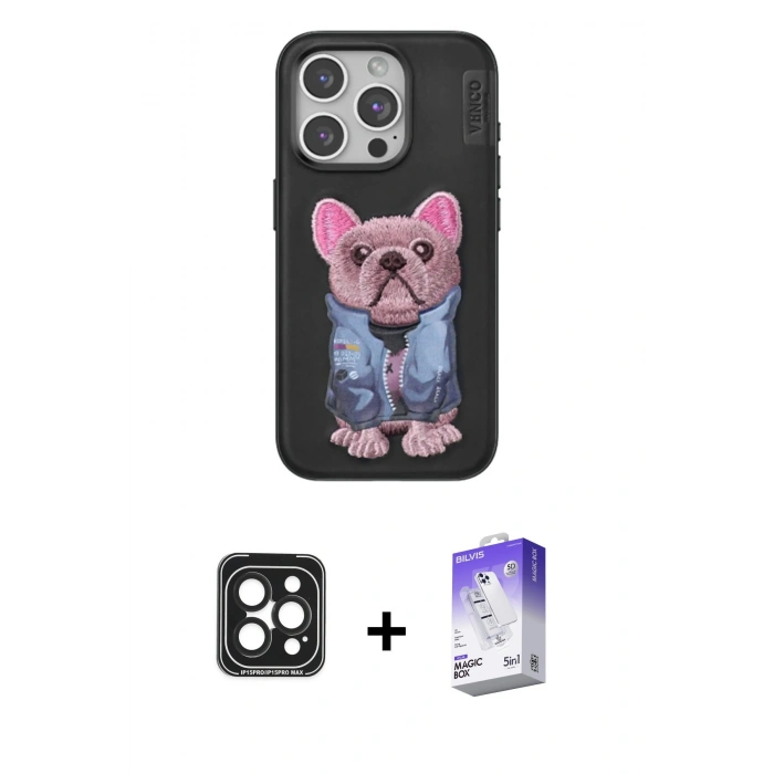MARSİLYAN™- iPhone 15 Pro Max Kılıf İz Minimal Koleksiyonu - Siyah Bilvis 5in1 3D Magic Cam Ekran Koruyucu + PVD Metal Kamera Lens - SH