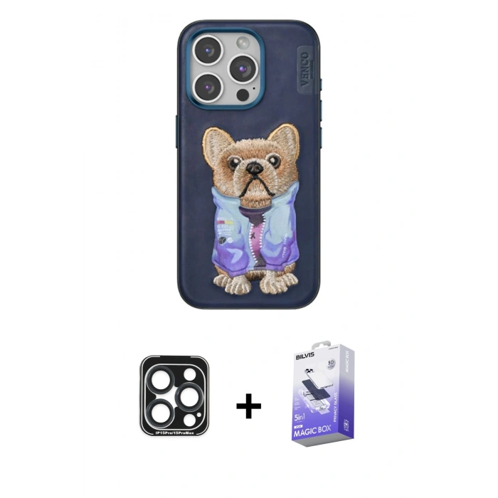 MARSİLYAN™- iPhone 15 Pro Max Kılıf İz Minimal Koleksiyonu - Siyah Bilvis 5in1 5D Magic Hayalet Cam Ekran Koruyucu + PVD Metal Kamera Lens - LT