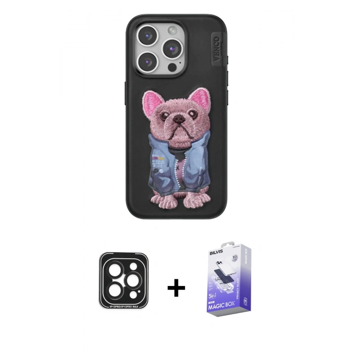 MARSİLYAN™- iPhone 15 Pro Max Kılıf İz Minimal Koleksiyonu - Siyah Bilvis 5in1 5D Magic Hayalet Cam Ekran Koruyucu + PVD Metal Kamera Lens - SH