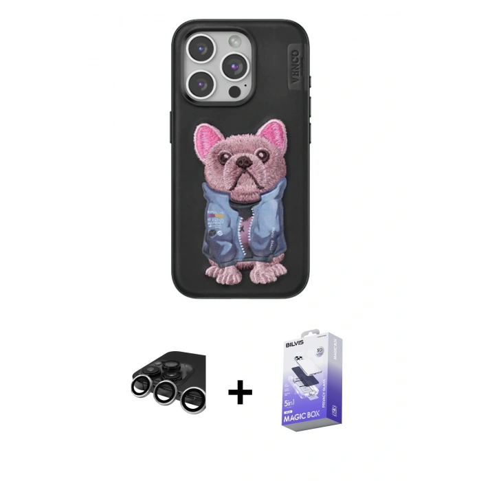 MARSİLYAN™- iPhone 15 Pro Max Kılıf İz Minimal Koleksiyonu - Siyah Bilvis 5in1 5D Magic Hayalet Cam Ekran Koruyucu + Raze Metal Kamera Lens - GS