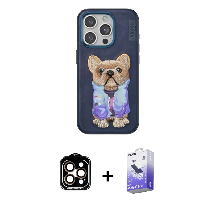 MARSİLYAN™- iPhone 15 Pro Max Kılıf İz Minimal Koleksiyonu - Siyah Bilvis 5in1 5D Magic Hayalet Cam Ekran Koruyucu + PVD Metal Kamera Lens - TU