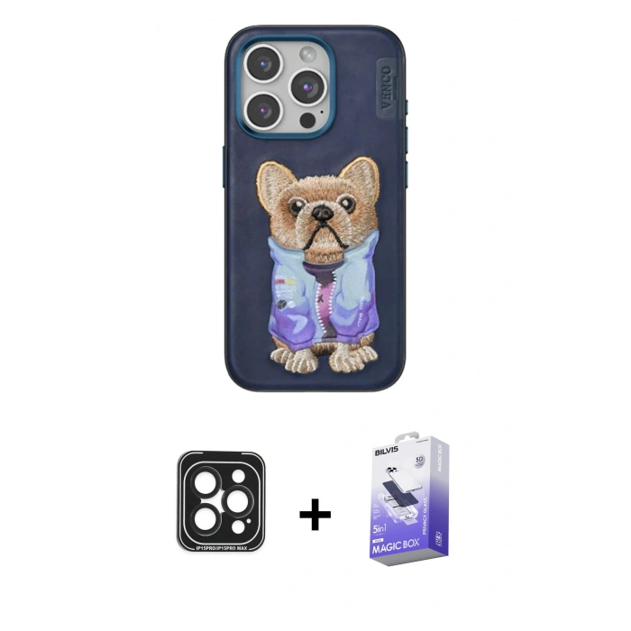 MARSİLYAN™- iPhone 15 Pro Max Kılıf İz Minimal Koleksiyonu - Siyah Bilvis 5in1 5D Magic Hayalet Cam Ekran Koruyucu + PVD Metal Kamera Lens - SH