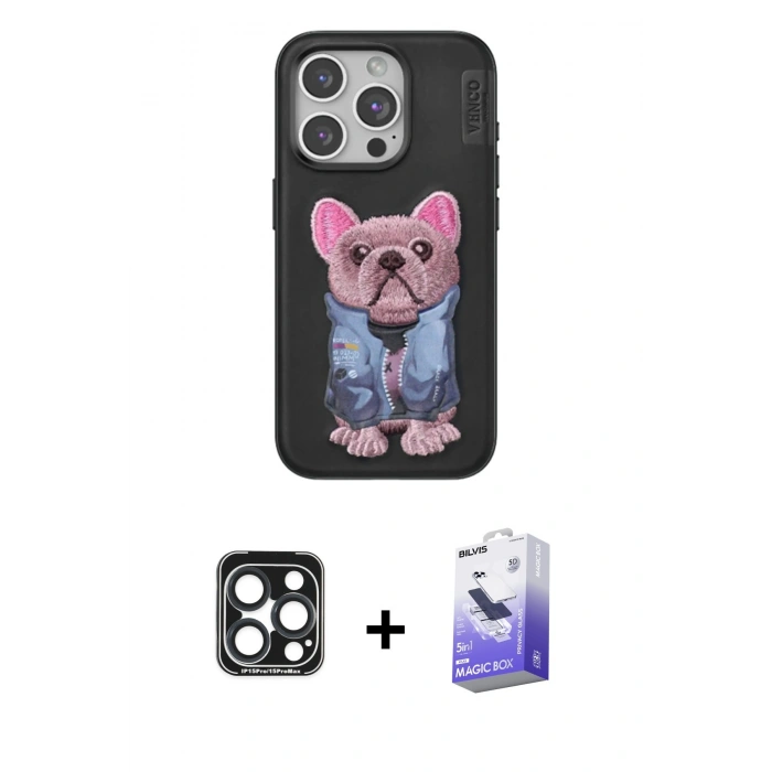 MARSİLYAN™- iPhone 15 Pro Max Kılıf İz Minimal Koleksiyonu - Siyah Bilvis 5in1 5D Magic Hayalet Cam Ekran Koruyucu + PVD Metal Kamera Lens - LT