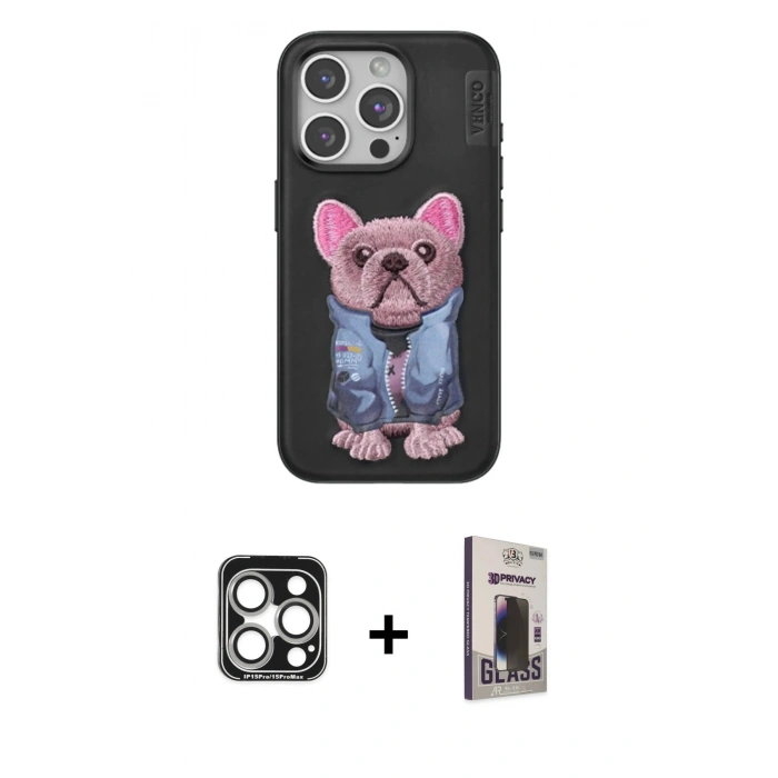 MARSİLYAN™- iPhone 15 Pro Max Kılıf İz Minimal Koleksiyonu - Siyah Bilvis Hayalet Cam Ekran Koruyucu + PVD Metal Kamera Lens - GS