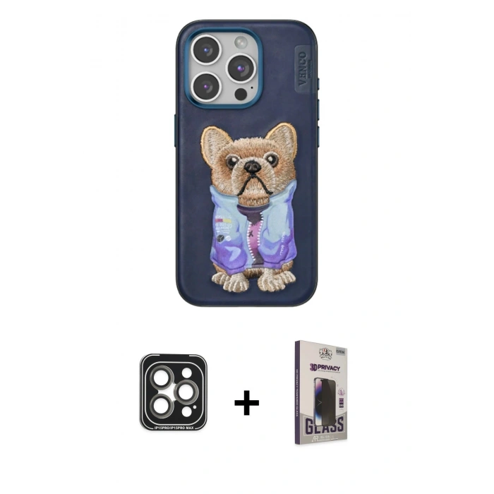 MARSİLYAN™- iPhone 15 Pro Max Kılıf İz Minimal Koleksiyonu - Siyah Bilvis Hayalet Cam Ekran Koruyucu + PVD Metal Kamera Lens - GI