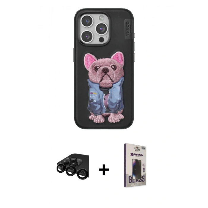MARSİLYAN™- iPhone 15 Pro Max Kılıf İz Minimal Koleksiyonu - Siyah Bilvis Hayalet Cam Ekran Koruyucu + Raze Metal Kamera Lens - SH