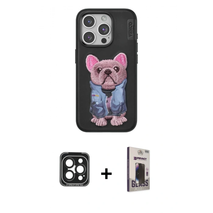 MARSİLYAN™- iPhone 15 Pro Max Kılıf İz Minimal Koleksiyonu - Siyah Bilvis Hayalet Cam Ekran Koruyucu + PVD Metal Kamera Lens - SH