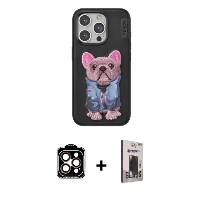 MARSİLYAN™- iPhone 15 Pro Max Kılıf İz Minimal Koleksiyonu - Siyah Bilvis Hayalet Cam Ekran Koruyucu + PVD Metal Kamera Lens - TU