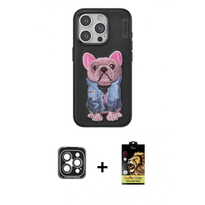 MARSİLYAN™- iPhone 15 Pro Max Kılıf İz Minimal Koleksiyonu - Siyah Buffer Cam Ekran Koruyucu + PVD Metal Kamera Lens - GI