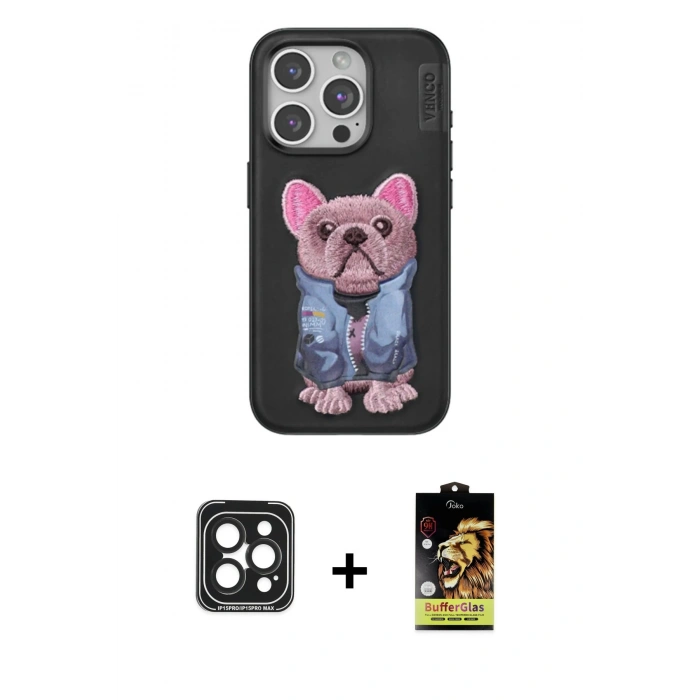 MARSİLYAN™- iPhone 15 Pro Max Kılıf İz Minimal Koleksiyonu - Siyah Buffer Cam Ekran Koruyucu + PVD Metal Kamera Lens - SH
