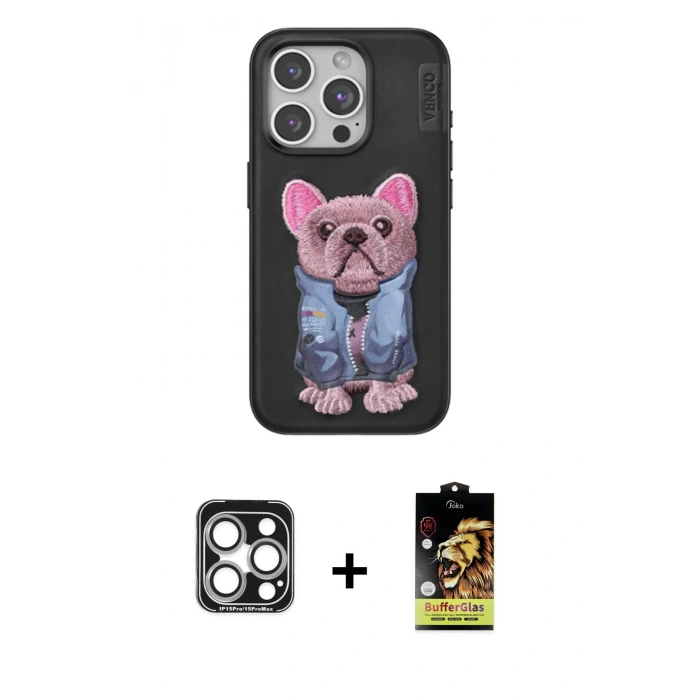 MARSİLYAN™- iPhone 15 Pro Max Kılıf İz Minimal Koleksiyonu - Siyah Buffer Cam Ekran Koruyucu + PVD Metal Kamera Lens - GS