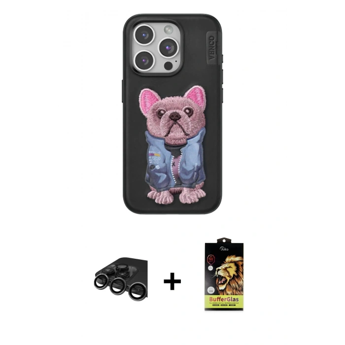 MARSİLYAN™- iPhone 15 Pro Max Kılıf İz Minimal Koleksiyonu - Siyah Buffer Cam Ekran Koruyucu + Raze Metal Kamera Lens - TMGI