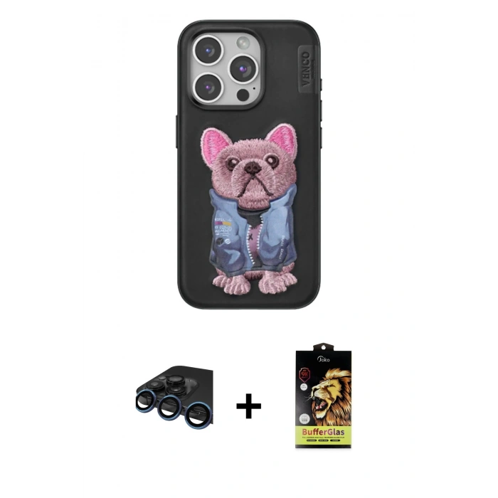 MARSİLYAN™- iPhone 15 Pro Max Kılıf İz Minimal Koleksiyonu - Siyah Buffer Cam Ekran Koruyucu + Raze Metal Kamera Lens - LT