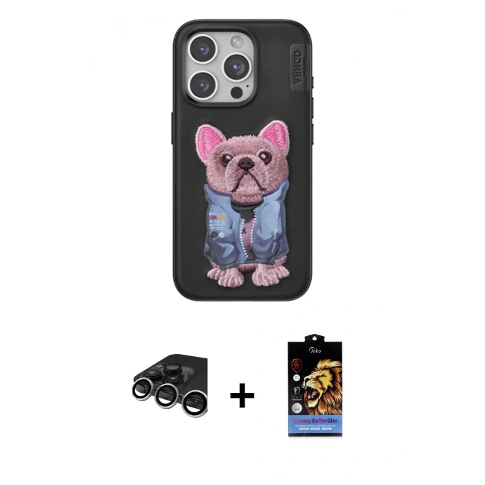 MARSİLYAN™- iPhone 15 Pro Max Kılıf İz Minimal Koleksiyonu - Siyah Buffer Hayalet Cam Ekran Koruyucu + Raze Metal Kamera Lens - GS