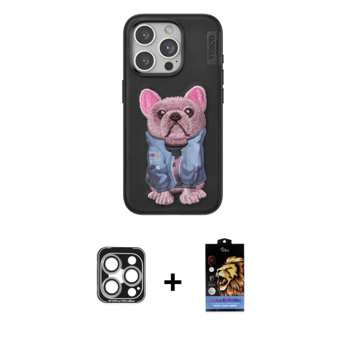 MARSİLYAN™- iPhone 15 Pro Max Kılıf İz Minimal Koleksiyonu - Siyah Buffer Hayalet Cam Ekran Koruyucu + PVD Metal Kamera Lens - GS