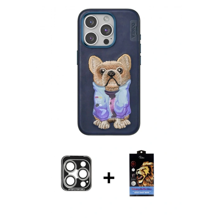 MARSİLYAN™- iPhone 15 Pro Max Kılıf İz Minimal Koleksiyonu - Siyah Buffer Hayalet Cam Ekran Koruyucu + PVD Metal Kamera Lens - GS