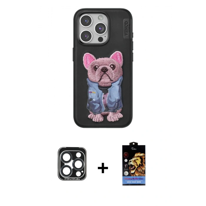 MARSİLYAN™- iPhone 15 Pro Max Kılıf İz Minimal Koleksiyonu - Siyah Buffer Hayalet Cam Ekran Koruyucu + PVD Metal Kamera Lens - LT