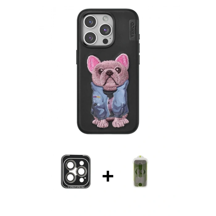 MARSİLYAN™- iPhone 15 Pro Max Kılıf İz Minimal Koleksiyonu - Siyah Joko Magic 5D Hayalet Cam + Gri PVD Metal Kamera Lens