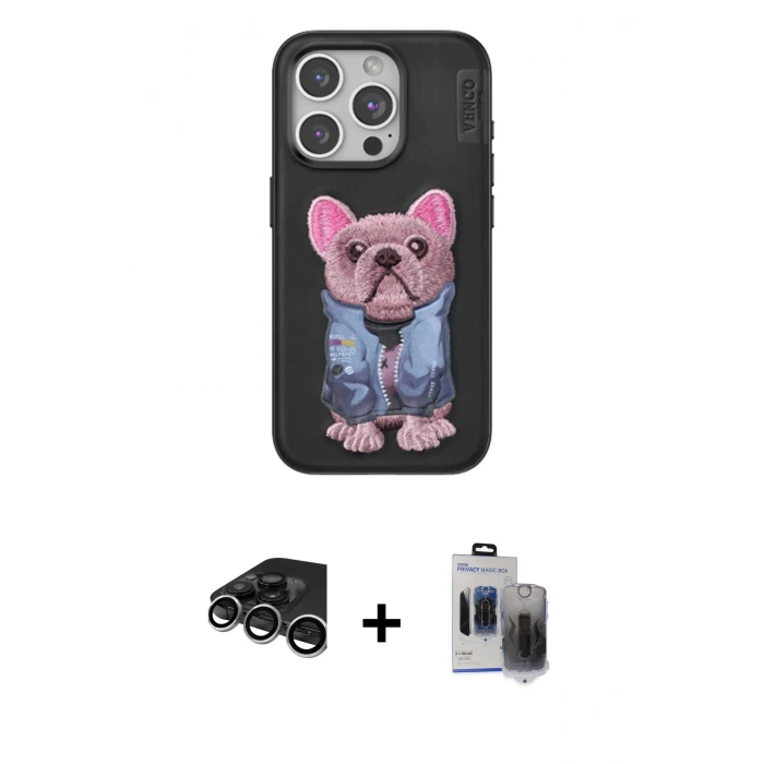 MARSİLYAN™- iPhone 15 Pro Max Kılıf İz Minimal Koleksiyonu - Siyah Vanessa Magic Hayalet Cam + Gümüş Raze Metal Kamera Lens