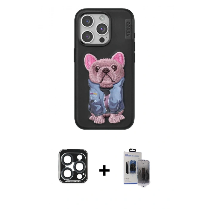 MARSİLYAN™- iPhone 15 Pro Max Kılıf İz Minimal Koleksiyonu - Siyah Vanessa Magic Hayalet Cam + PVD Metal Kamera Lens - LT