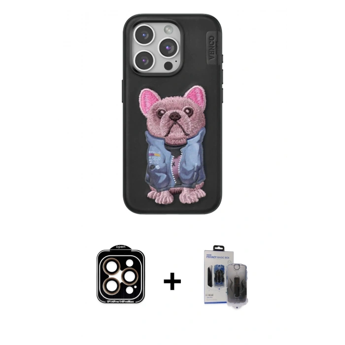 MARSİLYAN™- iPhone 15 Pro Max Kılıf İz Minimal Koleksiyonu - Siyah Vanessa Magic Hayalet Cam + Turuncu PVD Metal Kamera Lens