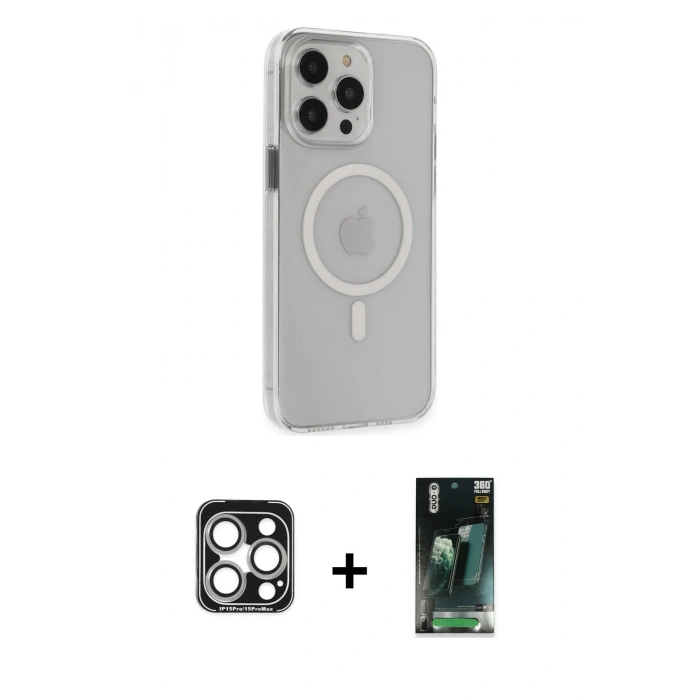 MARSİLYAN™- iPhone 15 Pro Max Kılıf Kıvılcım Asil Özel Seri - Şeffaf 360 Full Body Arka Koruyucu + PVD Metal Kamera Lens - GS