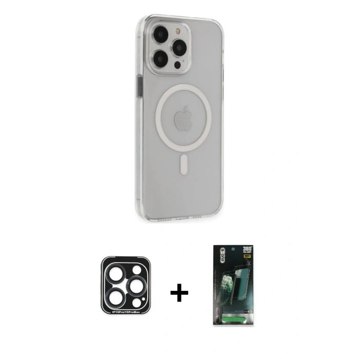 MARSİLYAN™- iPhone 15 Pro Max Kılıf Kıvılcım Asil Özel Seri - Şeffaf 360 Full Body Arka Koruyucu + Lacivert PVD Metal Kamera Lens