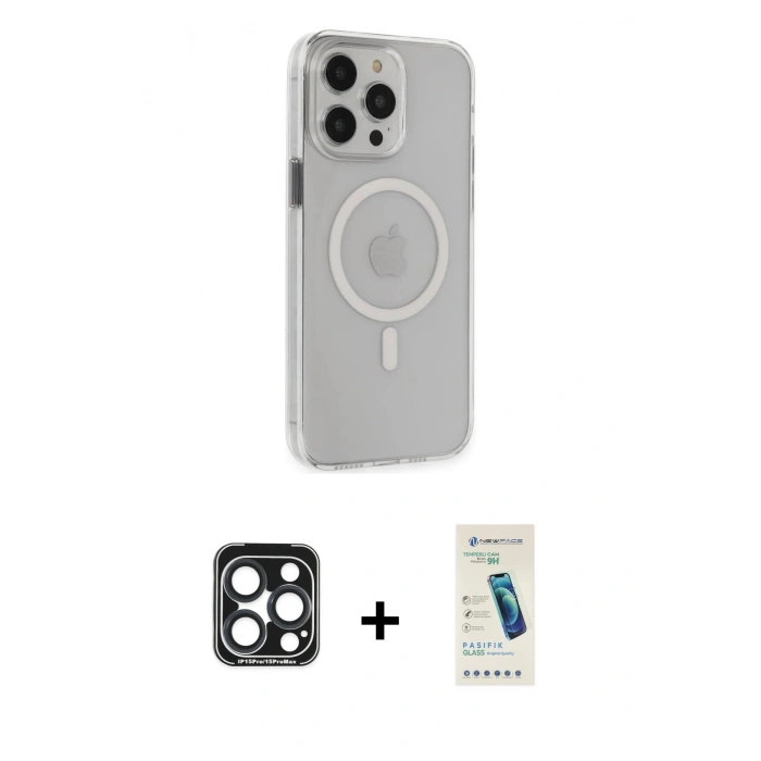 MARSİLYAN™- iPhone 15 Pro Max Kılıf Kıvılcım Asil Özel Seri - Şeffaf Pasifik Cam Ekran Koruyucu + Lacivert PVD Metal Kamera Lens
