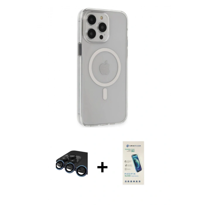 MARSİLYAN™- iPhone 15 Pro Max Kılıf Kıvılcım Asil Özel Seri - Şeffaf Pasifik Cam Ekran Koruyucu + Lacivert Raze Metal Kamera Lens