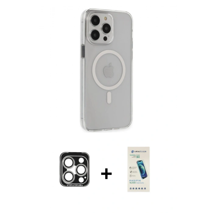 MARSİLYAN™- iPhone 15 Pro Max Kılıf Kıvılcım Asil Özel Seri - Şeffaf Pasifik Cam Ekran Koruyucu + PVD Metal Kamera Lens - GS