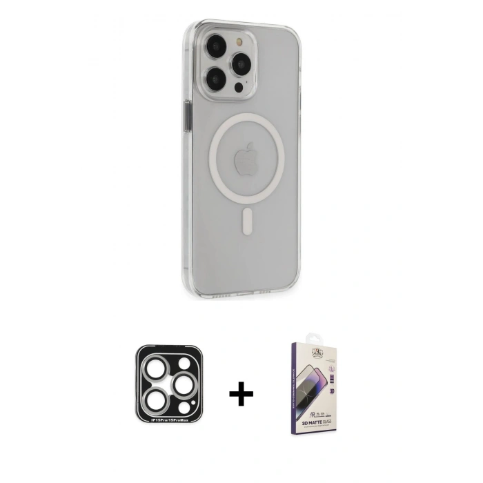 MARSİLYAN™- iPhone 15 Pro Max Kılıf Kıvılcım Asil Özel Seri - Siyah Bilvis 3D Mat Cam Ekran Koruyucu + PVD Metal Kamera Lens - GS