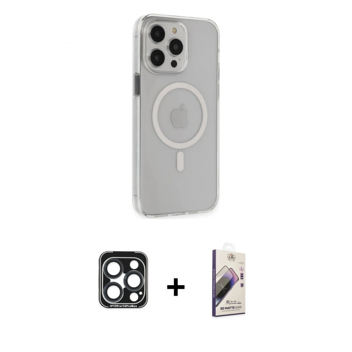 MARSİLYAN™- iPhone 15 Pro Max Kılıf Kıvılcım Asil Özel Seri - Siyah Bilvis 3D Mat Cam Ekran Koruyucu + PVD Metal Kamera Lens - LT