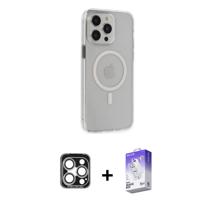 MARSİLYAN™- iPhone 15 Pro Max Kılıf Kıvılcım Asil Özel Seri - Siyah Bilvis 5in1 3D Magic Cam Ekran Koruyucu + PVD Metal Kamera Lens - GS
