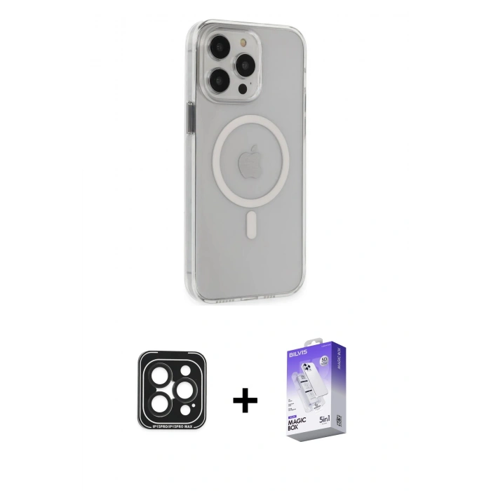 MARSİLYAN™- iPhone 15 Pro Max Kılıf Kıvılcım Asil Özel Seri - Siyah Bilvis 5in1 3D Magic Cam Ekran Koruyucu + PVD Metal Kamera Lens - SH