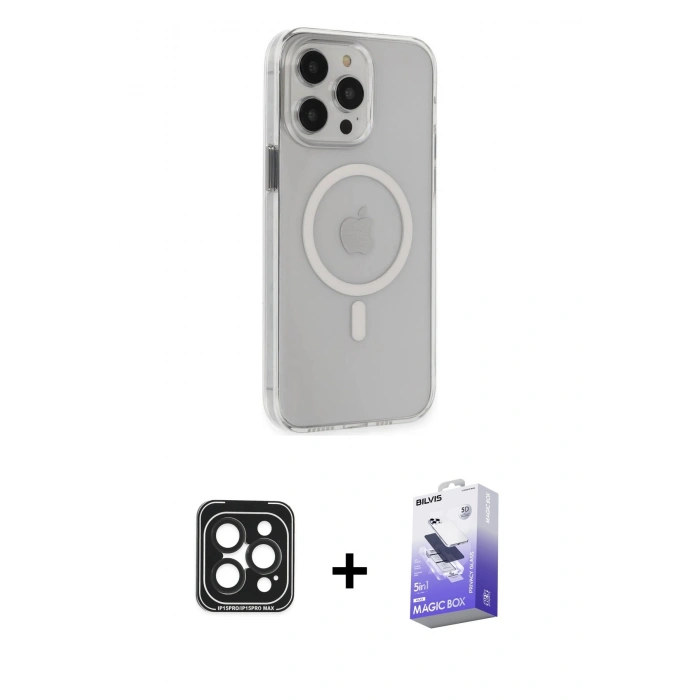 MARSİLYAN™- iPhone 15 Pro Max Kılıf Kıvılcım Asil Özel Seri - Siyah Bilvis 5in1 5D Magic Hayalet Cam Ekran Koruyucu + PVD Metal Kamera Lens - SH
