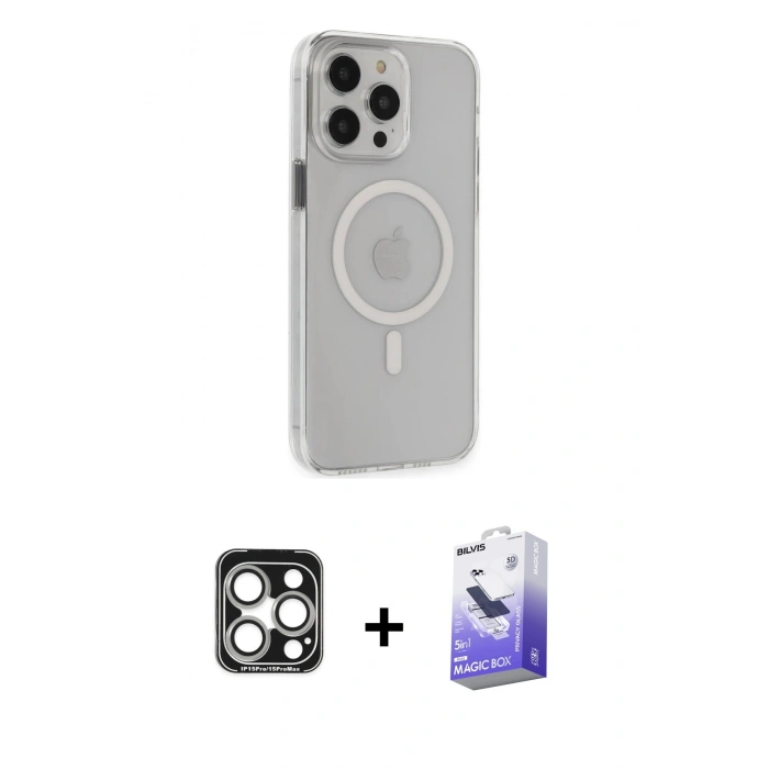 MARSİLYAN™- iPhone 15 Pro Max Kılıf Kıvılcım Asil Özel Seri - Siyah Bilvis 5in1 5D Magic Hayalet Cam Ekran Koruyucu + PVD Metal Kamera Lens - GS
