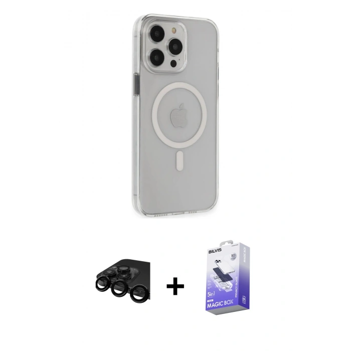 MARSİLYAN™- iPhone 15 Pro Max Kılıf Kıvılcım Asil Özel Seri - Siyah Bilvis 5in1 5D Magic Hayalet Cam Ekran Koruyucu + Raze Metal Kamera Lens - SH