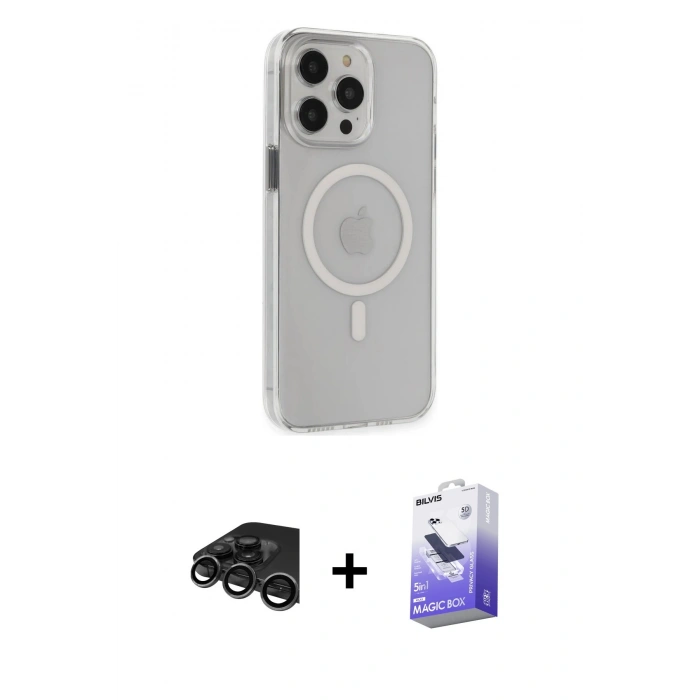 MARSİLYAN™- iPhone 15 Pro Max Kılıf Kıvılcım Asil Özel Seri - Siyah Bilvis 5in1 5D Magic Hayalet Cam Ekran Koruyucu + Raze Metal Kamera Lens - TMGI