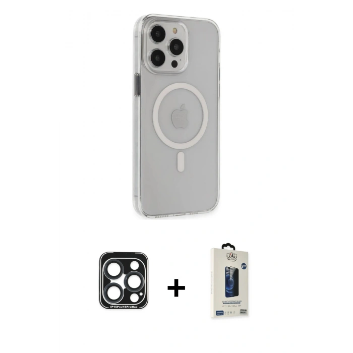 MARSİLYAN™- iPhone 15 Pro Max Kılıf Kıvılcım Asil Özel Seri - Siyah Bilvis Hayalet Cam Ekran Koruyucu + PVD Metal Kamera Lens - LT