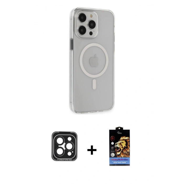 MARSİLYAN™- iPhone 15 Pro Max Kılıf Kıvılcım Asil Özel Seri - Siyah Buffer Hayalet Cam Ekran Koruyucu + PVD Metal Kamera Lens - SH