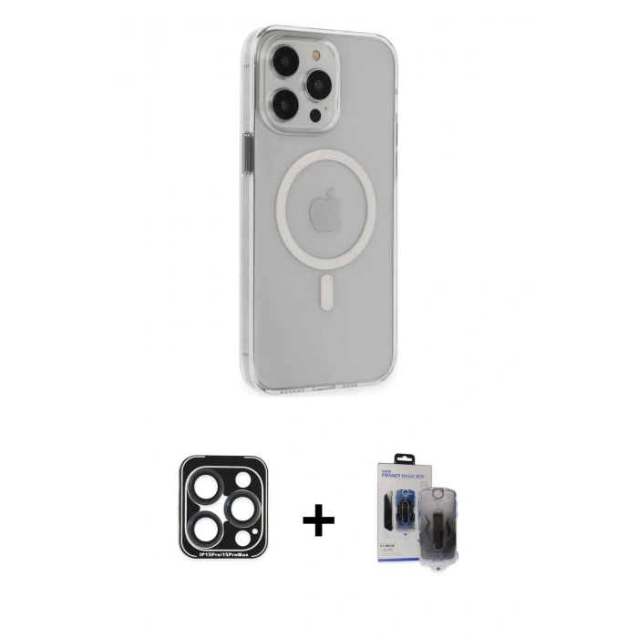 MARSİLYAN™- iPhone 15 Pro Max Kılıf Kıvılcım Asil Özel Seri - Siyah Vanessa Magic Hayalet Cam + PVD Metal Kamera Lens - LT