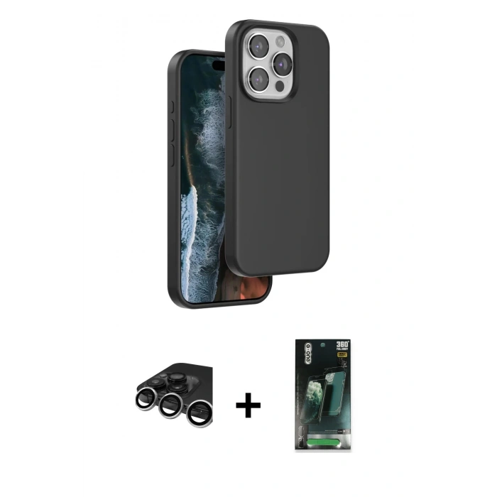 MARSİLYAN™- iPhone 15 Pro Max Kılıf Kıvılcım Çizgi Serisi - Siyah 360 Mat Full Body Arka Koruyucu + Raze Metal Kamera Lens - GS