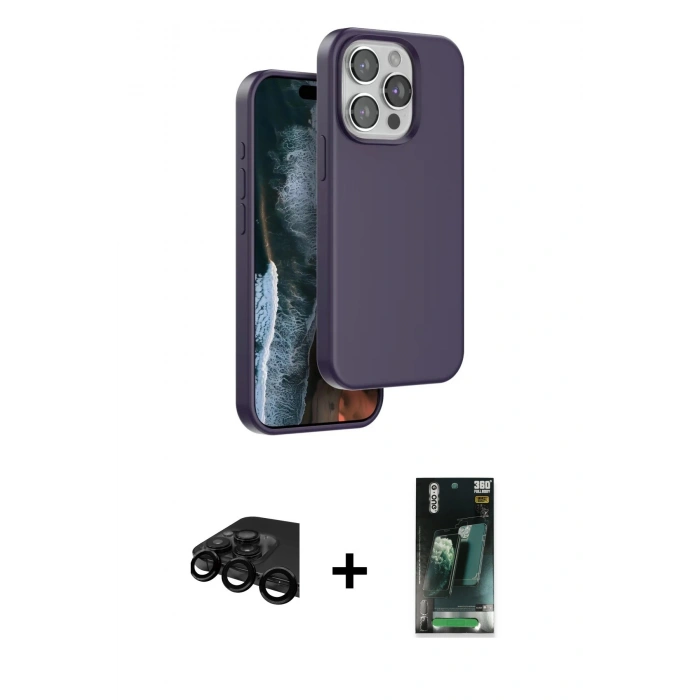 MARSİLYAN™- iPhone 15 Pro Max Kılıf Kıvılcım Çizgi Serisi - Siyah 360 Mat Full Body Arka Koruyucu + Raze Metal Kamera Lens - SH