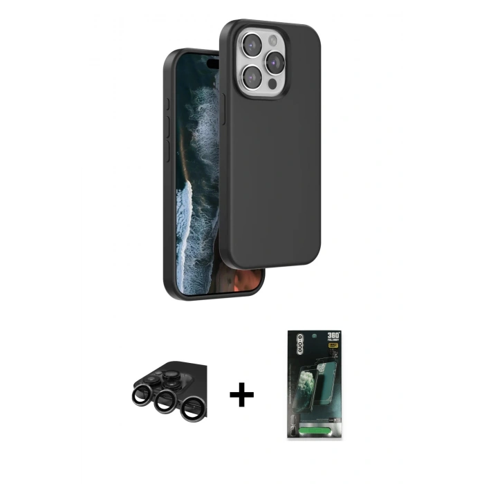 MARSİLYAN™- iPhone 15 Pro Max Kılıf Kıvılcım Çizgi Serisi - Siyah 360 Mat Full Body Arka Koruyucu + Titanyum Gri Raze Metal Kamera Lens