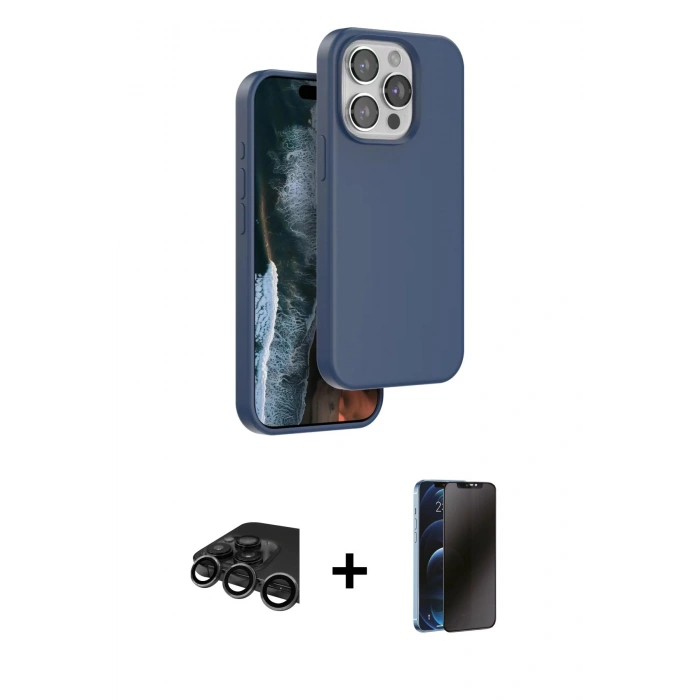 MARSİLYAN™- iPhone 15 Pro Max Kılıf Kıvılcım Çizgi Serisi - Siyah 3D Antistatik Hayalet Cam Ekran Koruyucu + Raze Metal Kamera Lens - TMGI