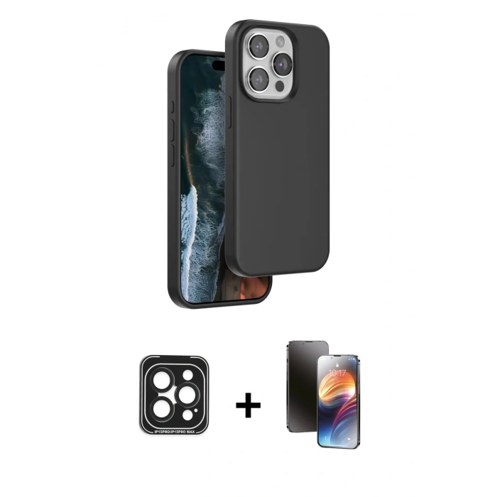 MARSİLYAN™- iPhone 15 Pro Max Kılıf Kıvılcım Çizgi Serisi - Siyah 3D Antistatik Mat Seramik Nano Ekran Koruyucu + PVD Metal Kamera Lens - SH