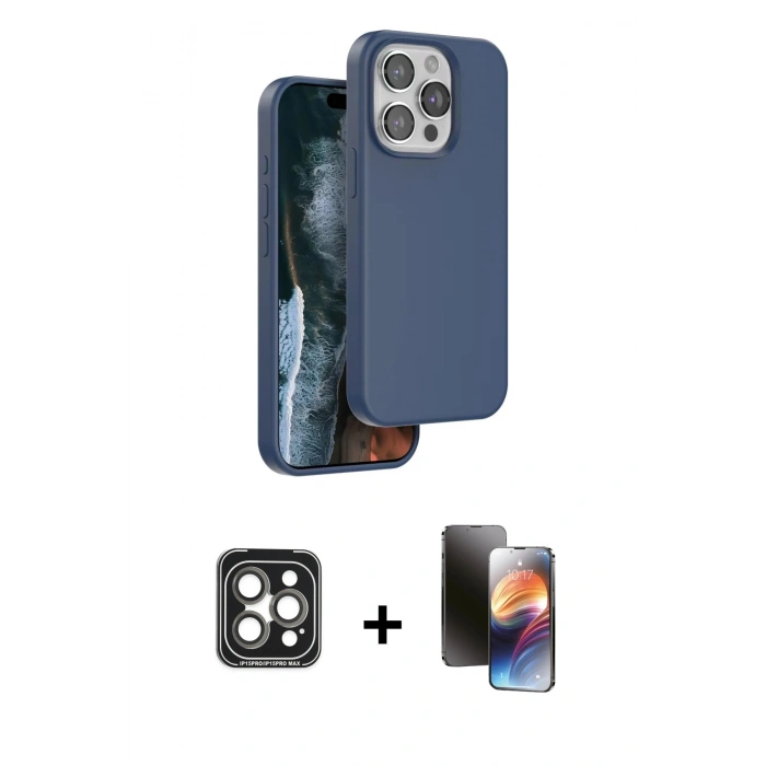 MARSİLYAN™- iPhone 15 Pro Max Kılıf Kıvılcım Çizgi Serisi - Siyah 3D Antistatik Mat Seramik Nano Ekran Koruyucu + Gri PVD Metal Kamera Lens